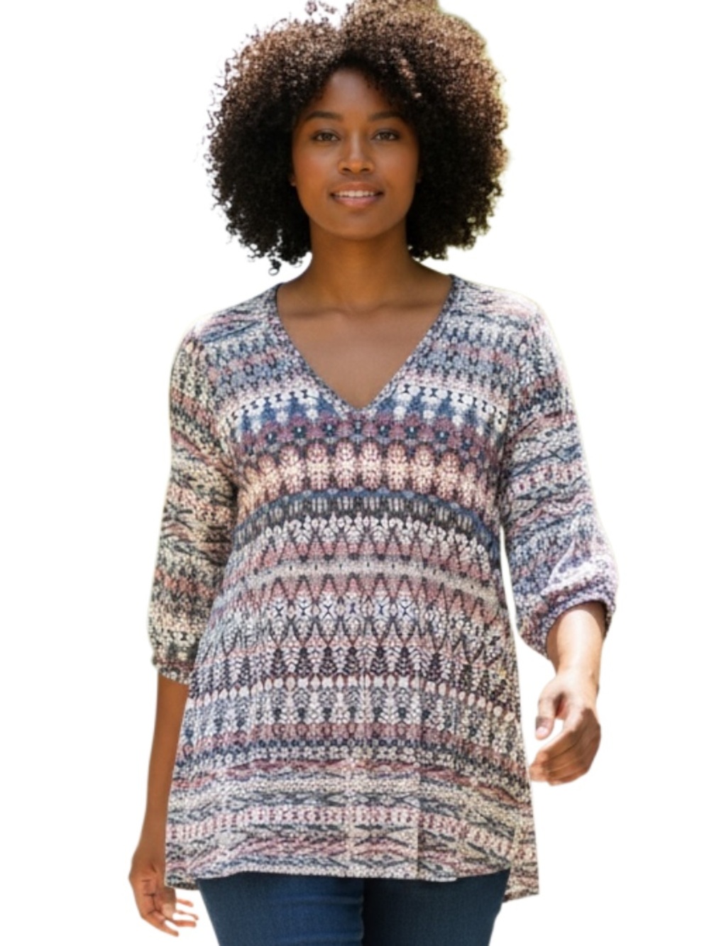 Karen Kane V-Neck Tunic in Blue, Cream & Pink Geometric Print
